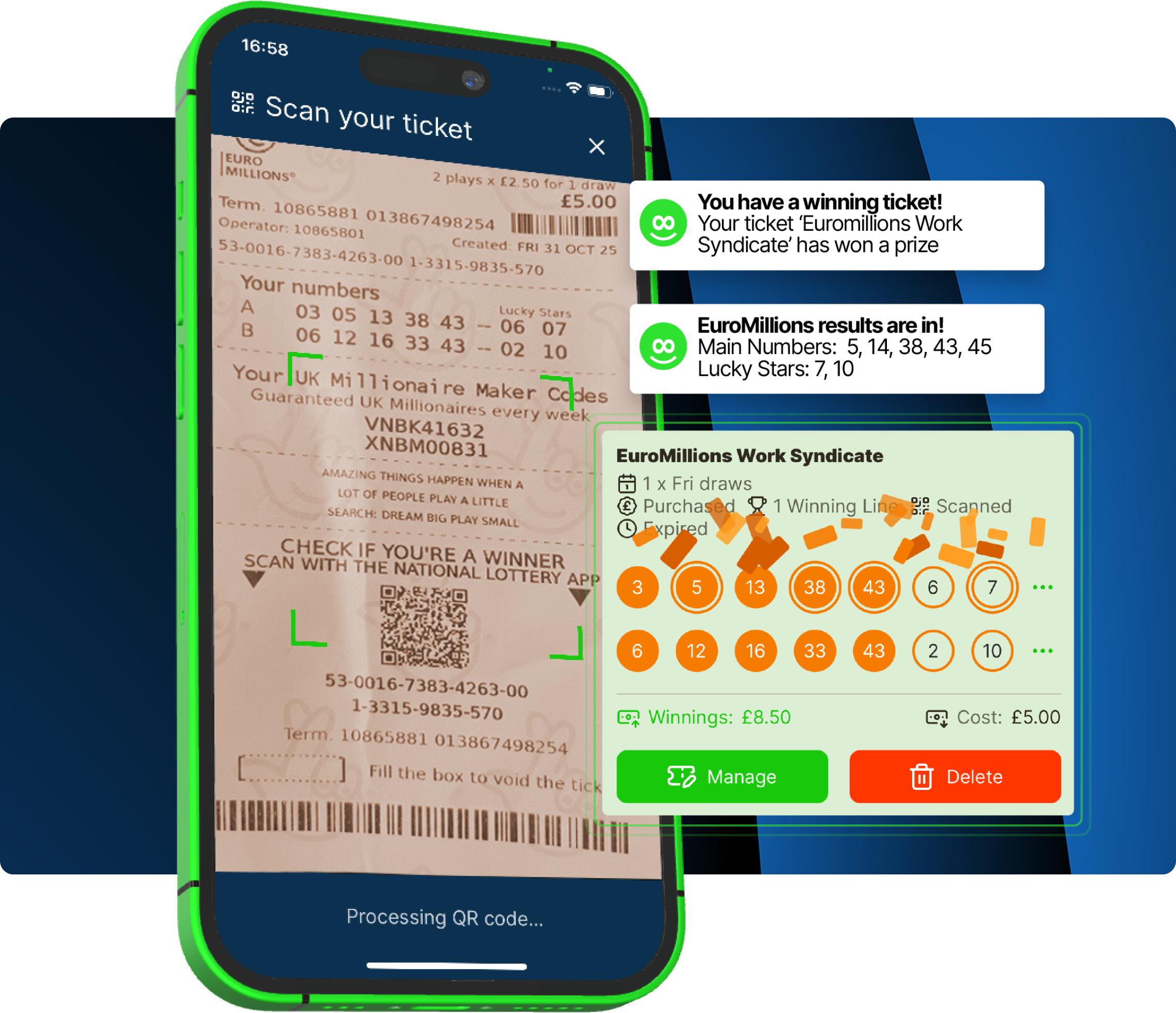 Euromillions ticket scanning showing winning ticket notifications