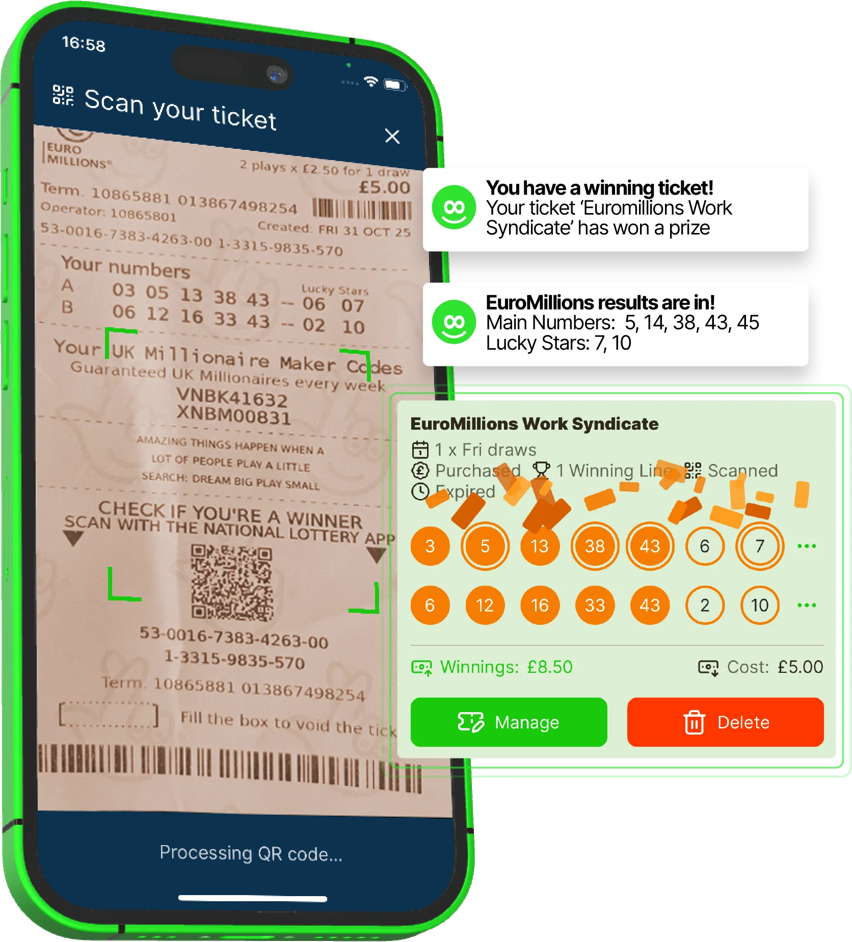 Lottery ticket scanner app showing scanned National Lottery ticket with instant notification