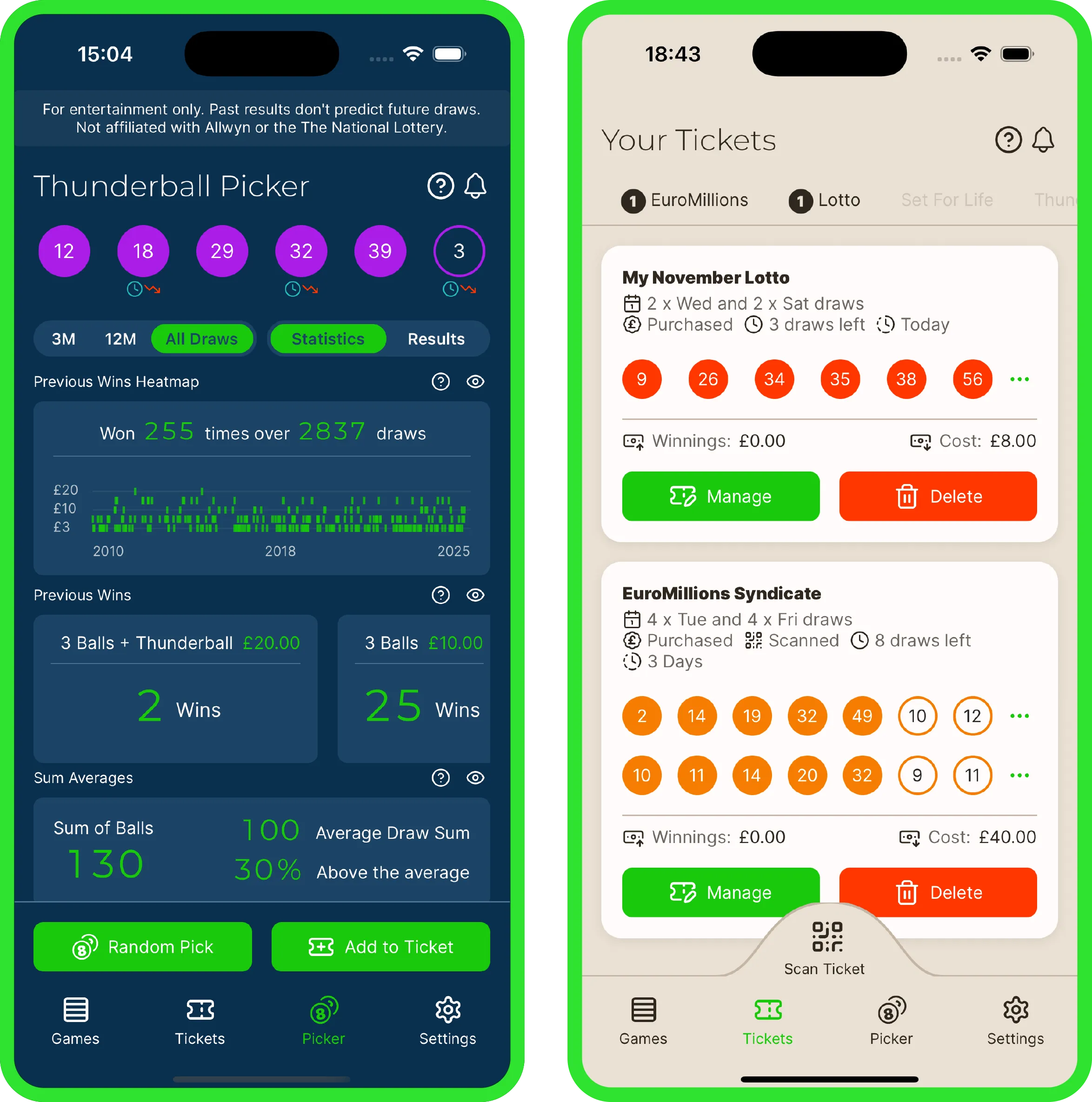 UK lottery app features - EuroMillions app with number picker and National Lottery ticket management
