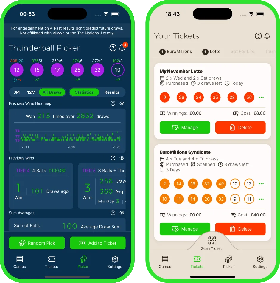 UK lottery app features - EuroMillions app with number picker and National Lottery ticket management