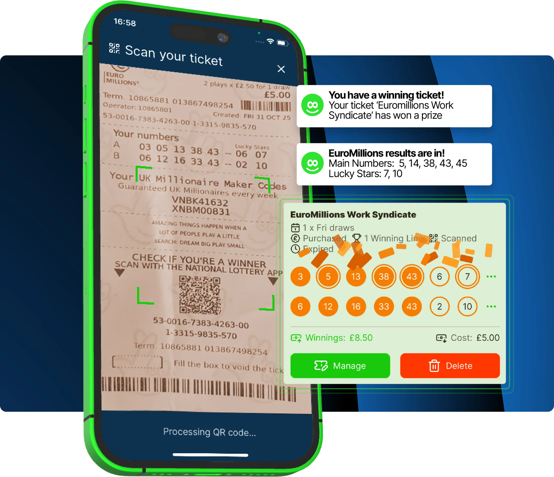 Euromillions ticket scanning showing winning ticket notifications