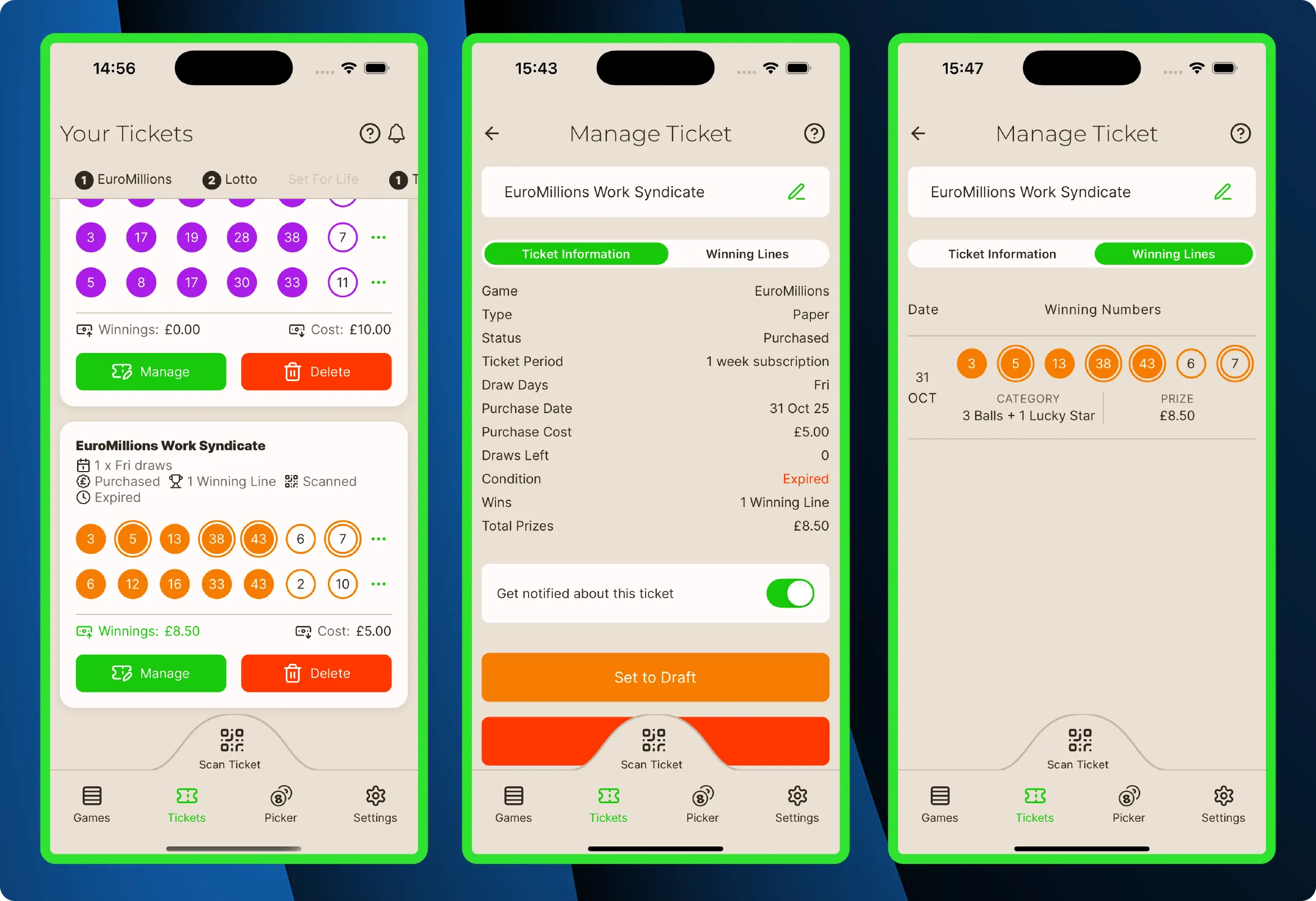 National Lottery ticket management showing winning lines