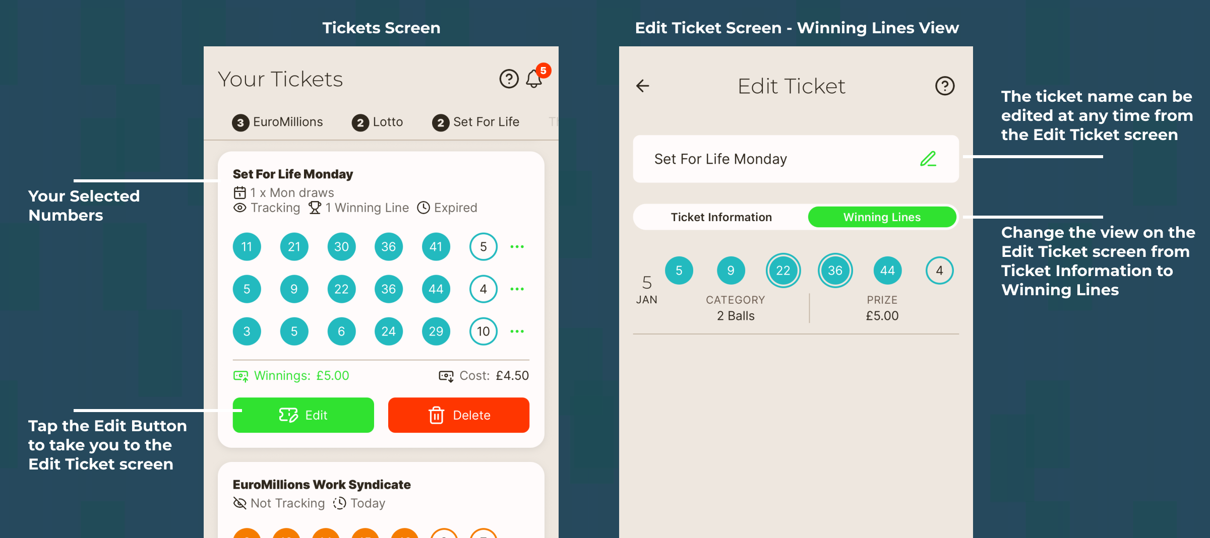 The Your Tickets screen showing a ticket card, beside the Edit Ticket screen switched to its Winning Lines view